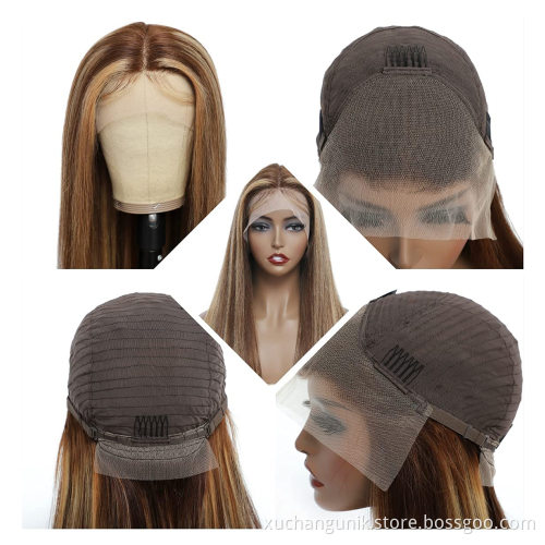 Uniky Highlight ombre Blonde Straight Brown pre pluck 13X4 Transparent Lace front Highlighted Human Hair Wigs for black women